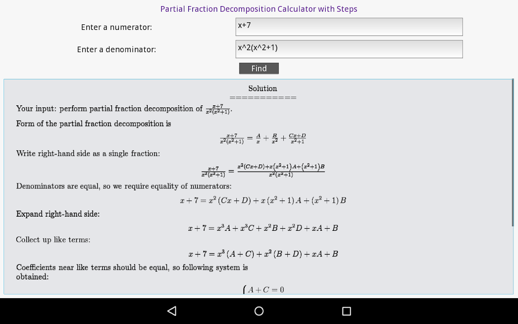Partial Fraction Calculator Screenshot 1