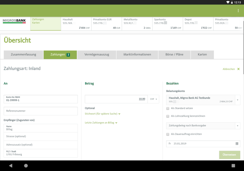 Migros Bank E-Banking Tablet Screenshot 1