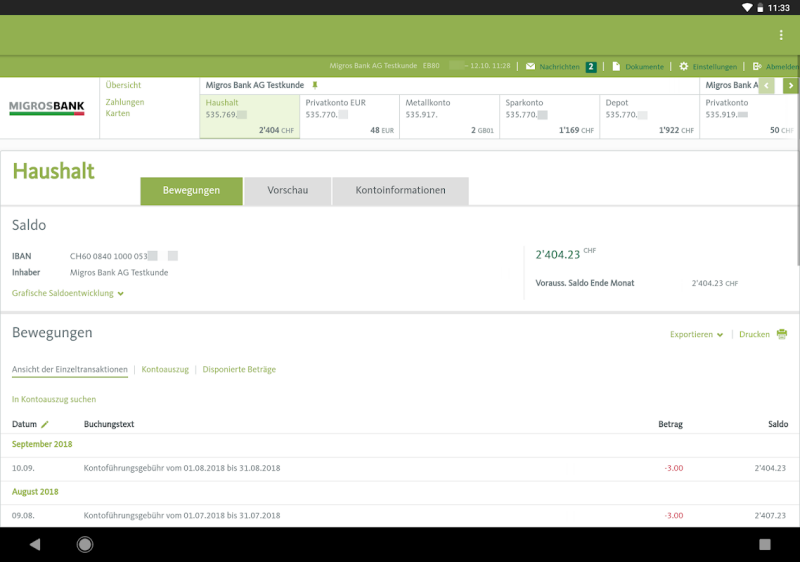 Migros Bank E-Banking Tablet Screenshot 3