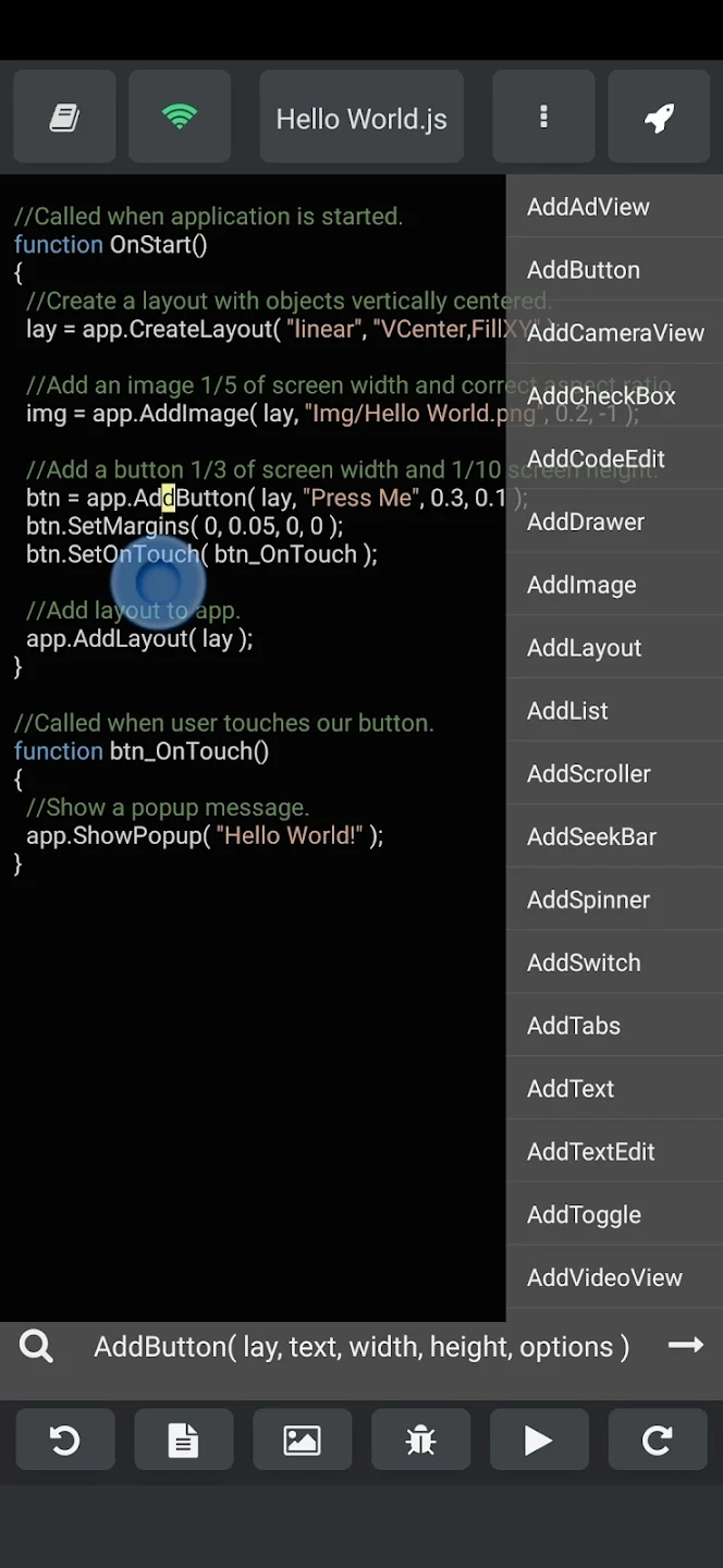 DroidScript: JS and Python IDE Screenshot 1